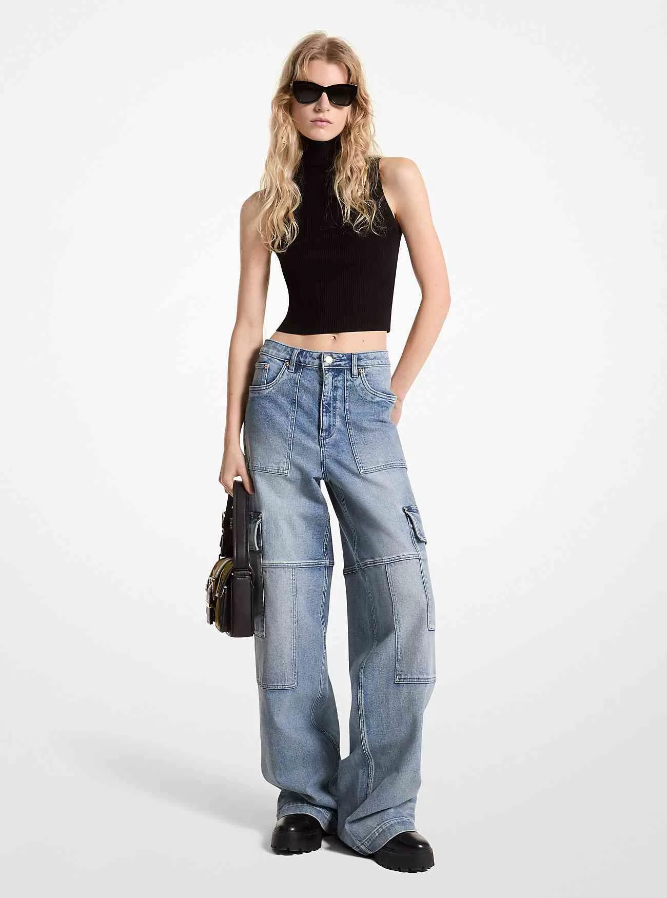 Cargo-Jeans aus Stretch-Denim mit weitem Bein