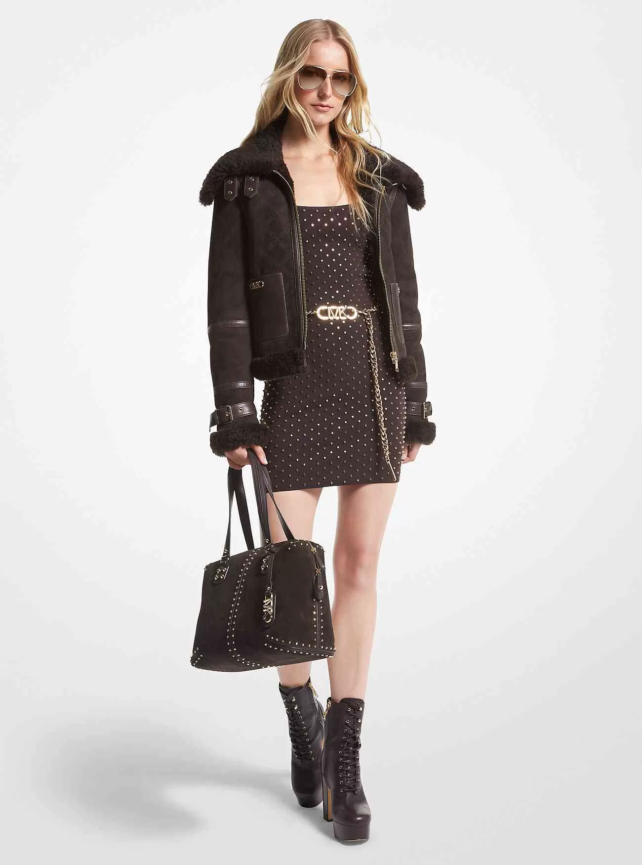 Fliegerjacke aus Wildleder und Shearling mit Empire-Logoprägung