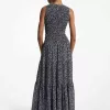 Gesmoktes Georgette-Maxikleid mit Blumendruck