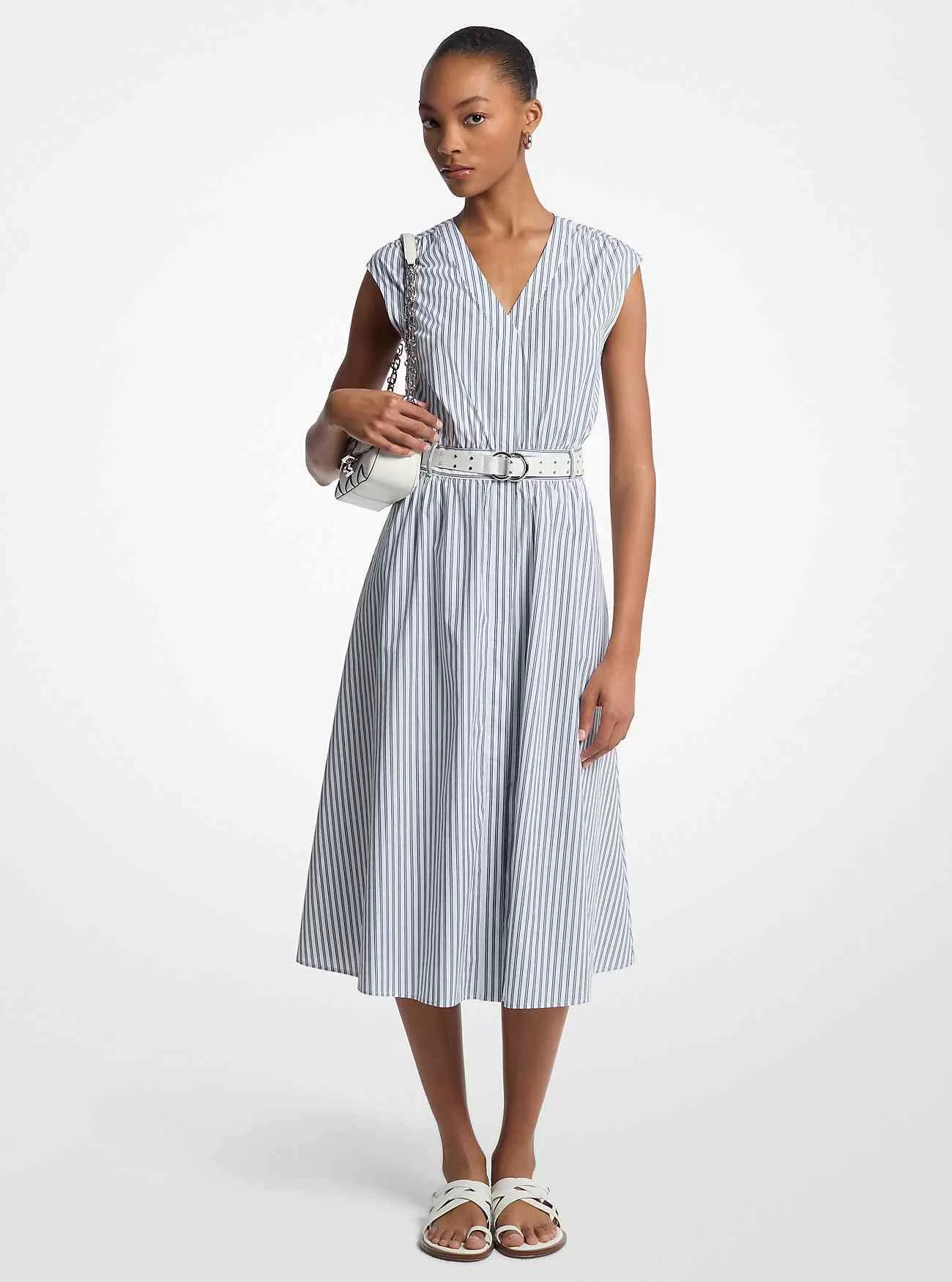 Gestreiftes Midikleid aus Baumwollpopeline mit Gürtel