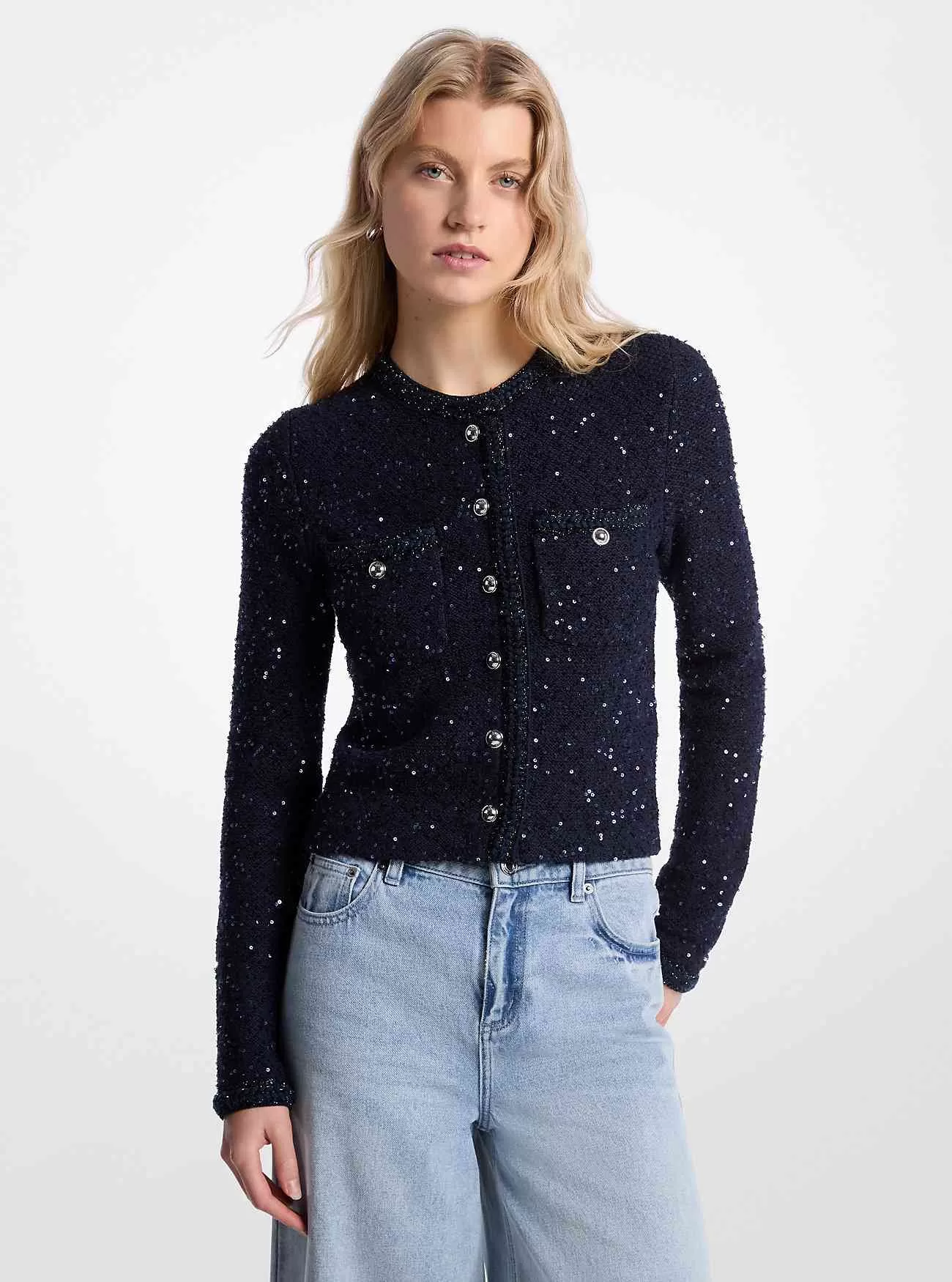 Jacke aus Metallic-Stretchstrick mit Pailletten