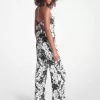 Jumpsuit aus Satin mit Palmen-Print und Raffung am Rücken