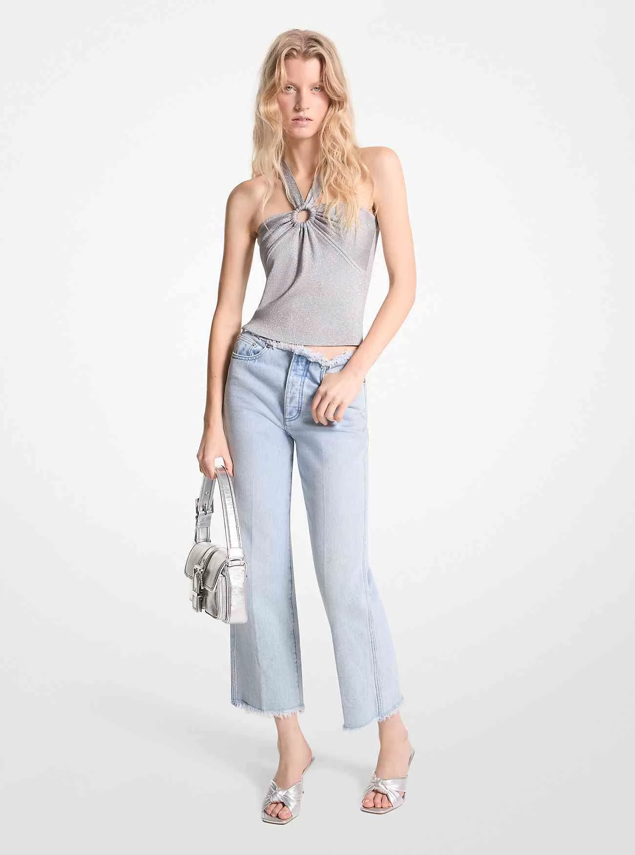 Metallic-Stretch-Strick-Neckholder-Tanktop mit Ausschnitten