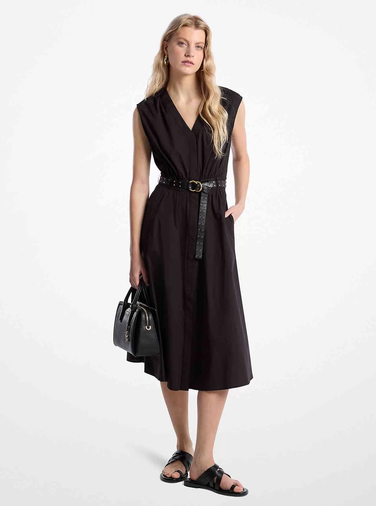 Midikleid aus Stretch-Baumwollpopeline mit Gürtel