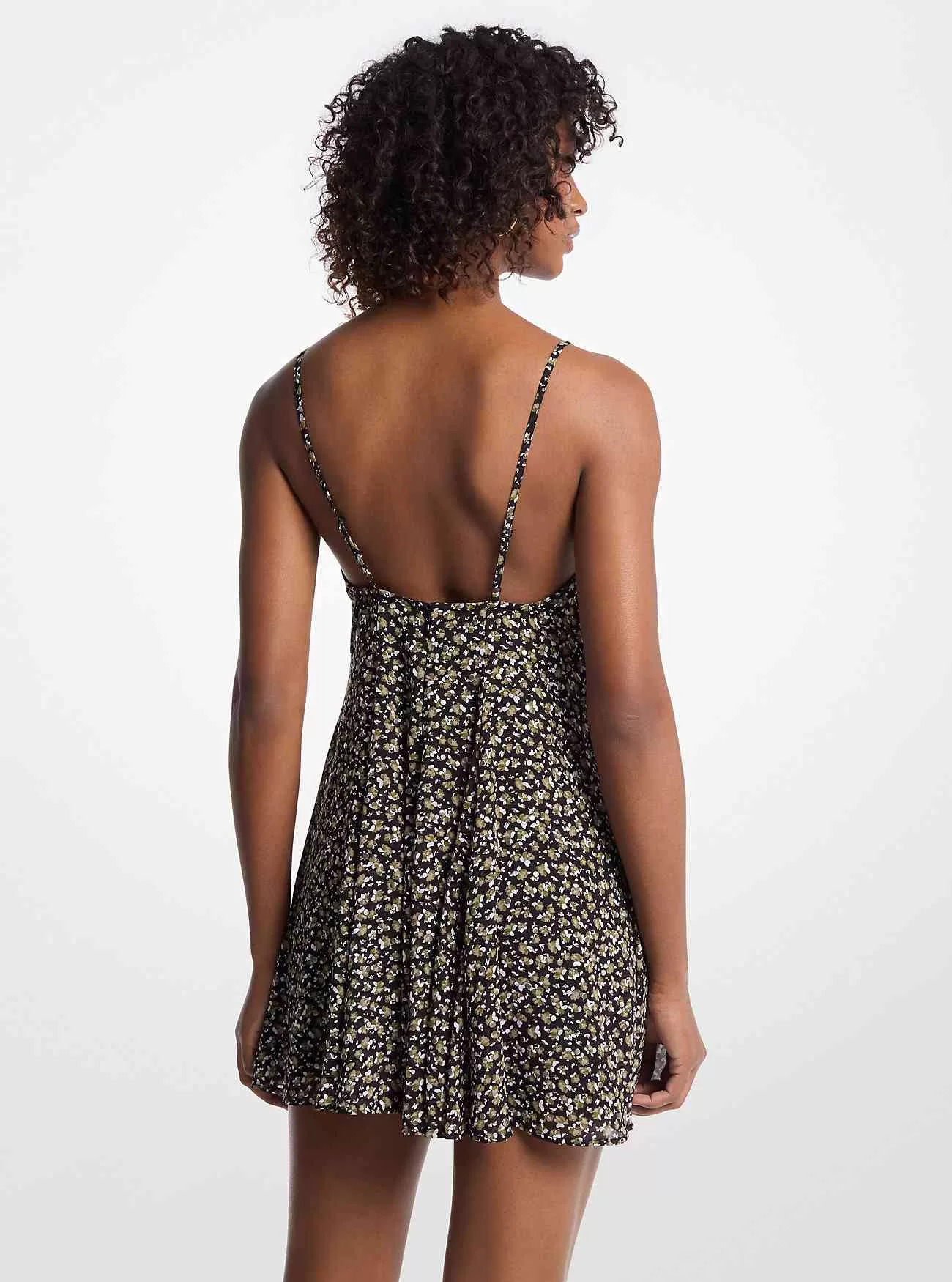 Minikleid aus Georgette mit Nieten und Blumendruck