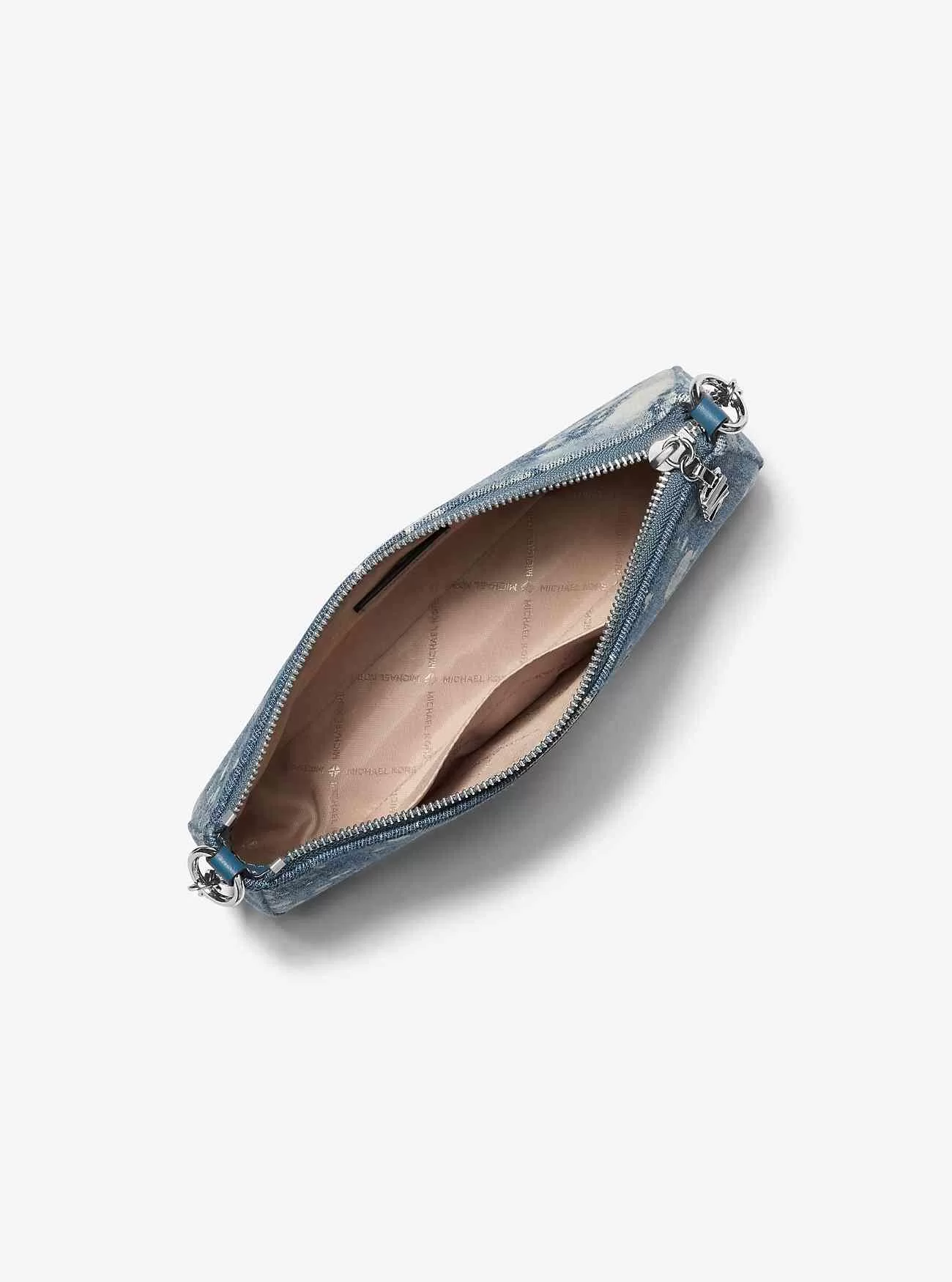 Mittelgroße Empire-Pochette aus gesprenkeltem Denim mit Kettengliedern