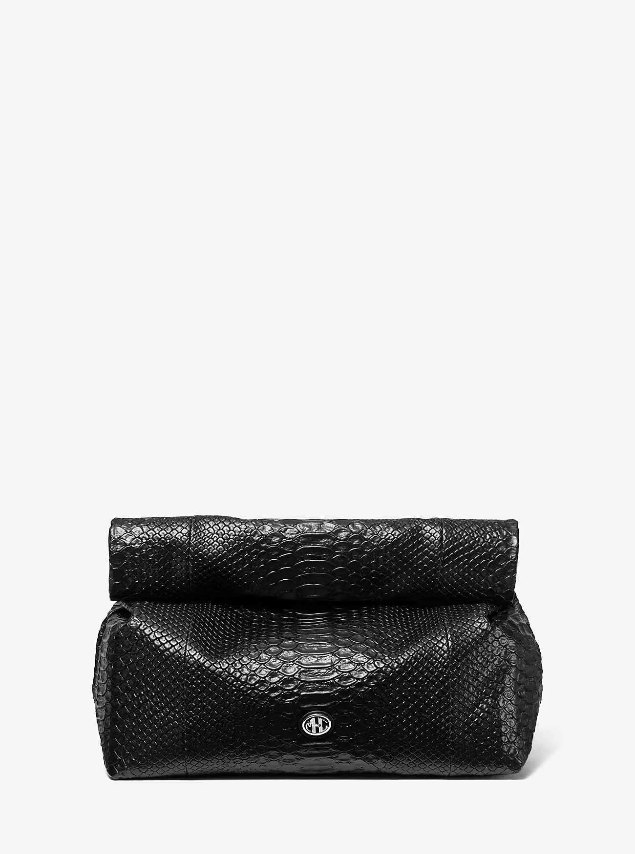 Mittlere Lunchbox-Clutch aus Leder mit Python-Prägung und Monogramm