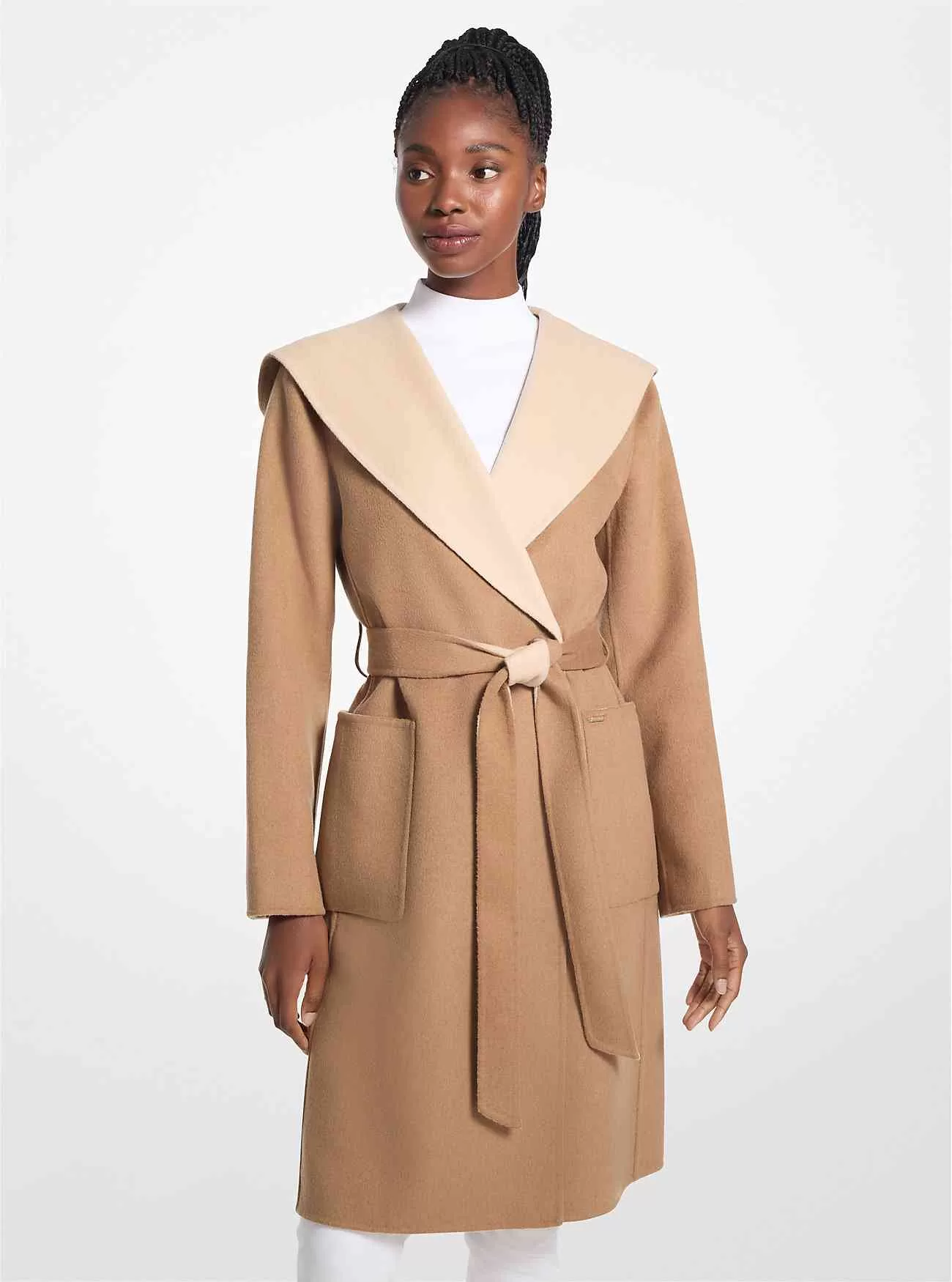 Zweifarbiger Wickelmantel mit Kapuze aus Wollmischung